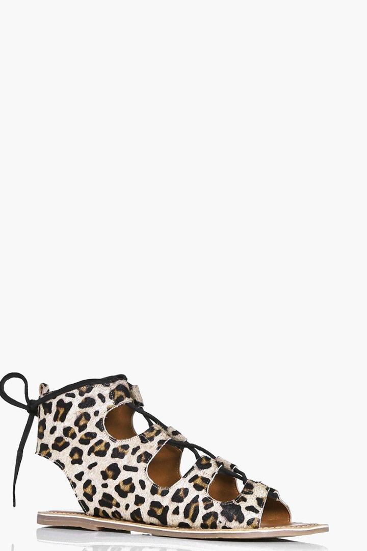 Boohoo Ellie Leopard Pony Hair Ghillie Tie Sandal Leopard