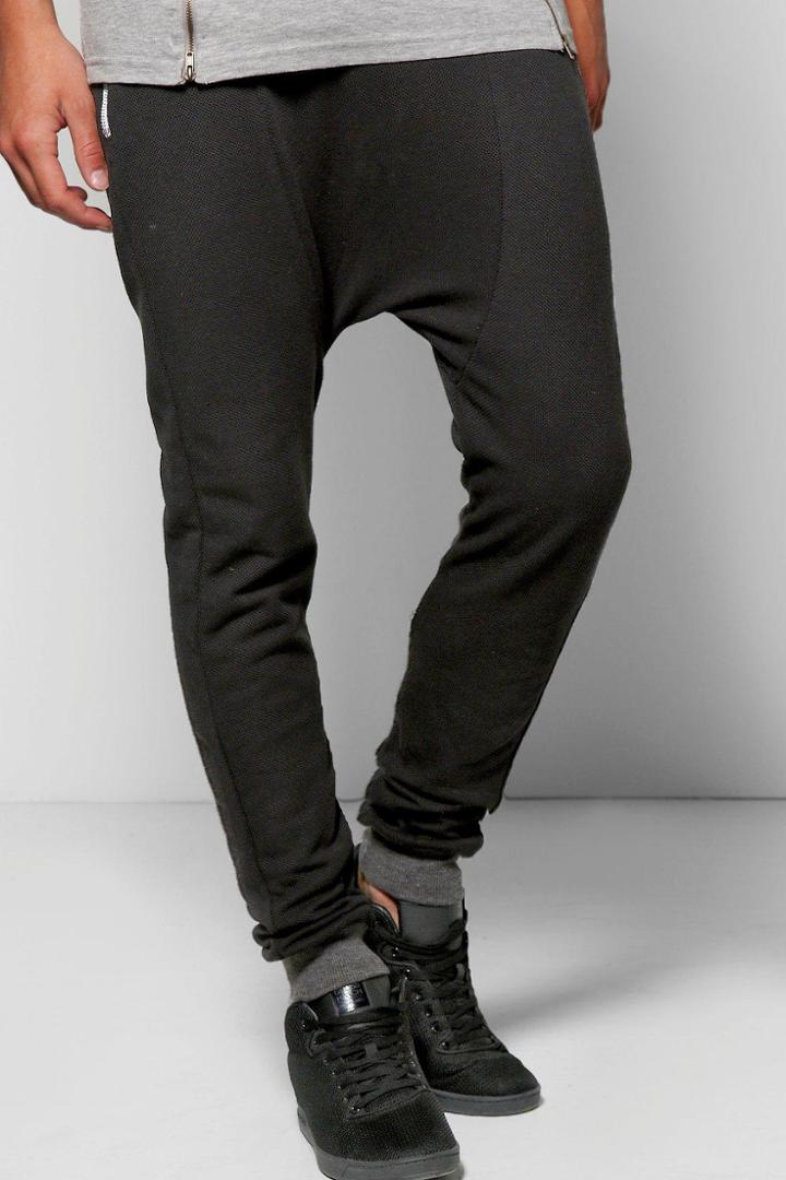 Boohoo Skinny Fit Waffle Joggers In Drop Crotch Black