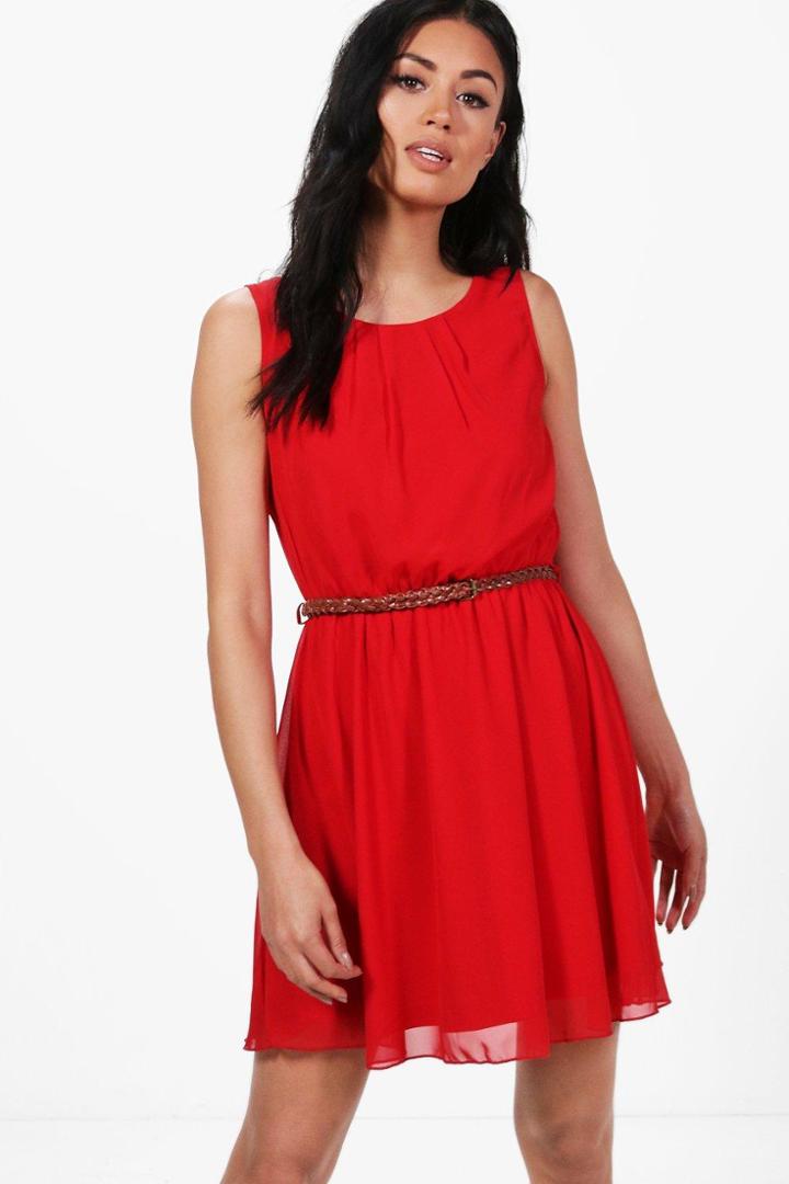 Boohoo Frankie Sleeveless Chiffon Belted Skater Dress Red