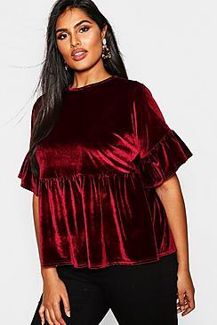 Boohoo Plus Velvet Ruffle Sleeve Smock Top