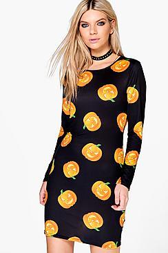 Boohoo Halloween Reema Pumpkin Bodycon Dress