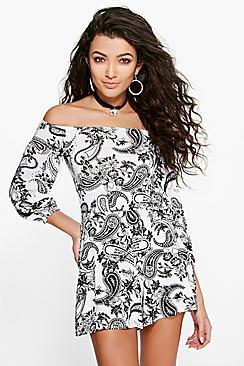 Boohoo Ria Paisley Off The Shoulder Playsuit