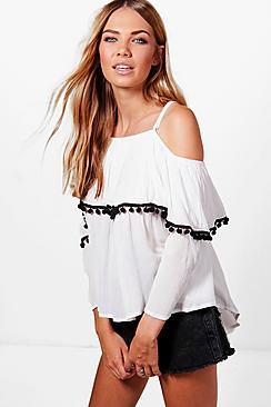 Boohoo Heidi Pom Pom Trim Cold Shoulder Top