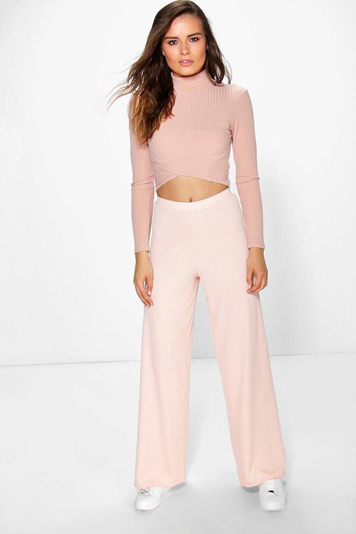 Boohoo Darcey Ribbed Wide Leg Trousers Nude
