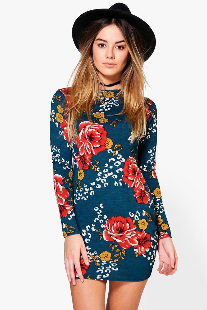 Boohoo Petite Sheena Floral Long Sleeve Bodycon Dress Multi