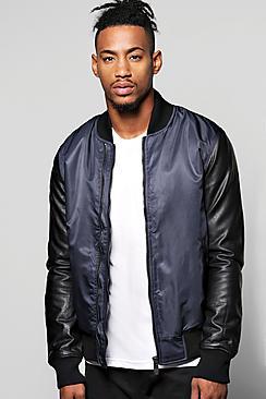 Boohoo Double Zip Nylon Bomber With Pu Sleeves