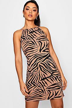 Boohoo High Neck Zebra Bodycon Dress