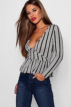 Boohoo Petite Stripe Pep Hem Wrap Top