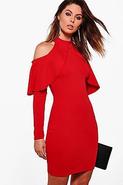 Boohoo Ria High Neck Frill Open Shoulder Bodycon Dress