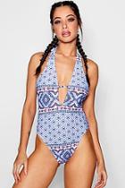 Boohoo Marbella Folk Tile Print Plunge Swimsuit