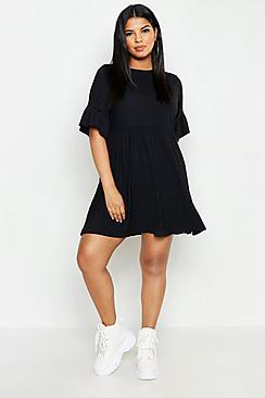 Boohoo Plus Rib Ruffle Sleeve Smock Dress