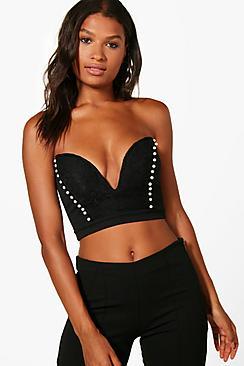 Boohoo Ava Detailed Lace Pearl Embellished Plunge Bandeau