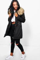 Boohoo Caroline Parka With Luxe Faux Fur Hood Black