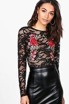 Boohoo Ruby Lace Embroidered Long Sleeve Crop Top