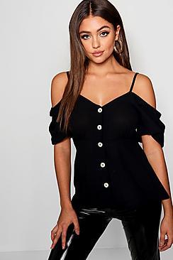 Boohoo Button Detail Volume Sleeve Top