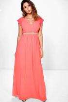 Boohoo Boutique Dia Lace Sleeve Embellished Maxi Dress Coral