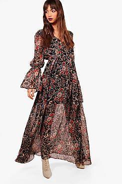 Boohoo Gabriella Bohemian Tie Detail Maxi Dress