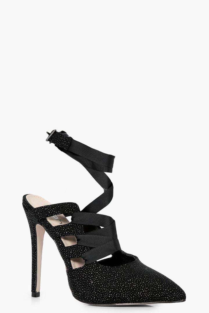 Boohoo Lottie Textured Wrap Up Court Stiletto Black