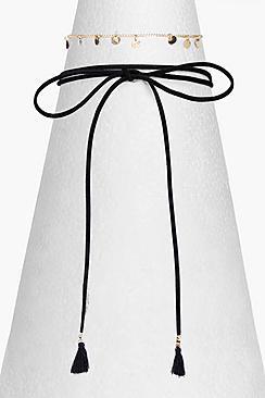 Boohoo Keira Coin Suedette Tie Cord Choker Set