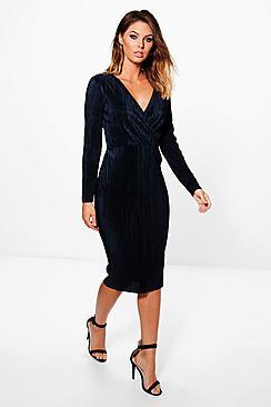 Boohoo Millicent Wrap Top Pleated Midi Dress