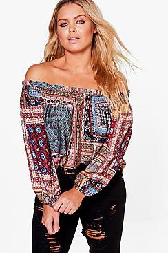 Boohoo Plus Mia Off The Shoulder Paisley Top