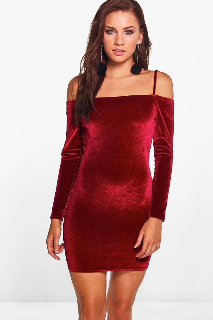 Boohoo Flossy Velvet Cold Shoulder Bodycon Dress Berry