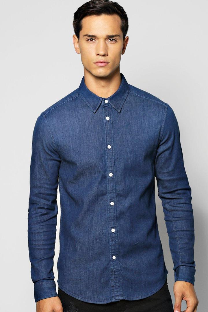 Boohoo Long Sleeve Denim Shirt Blue