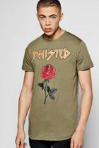 Boohoo Longline Twisted Rose T Shirt With Curved Hem Olive