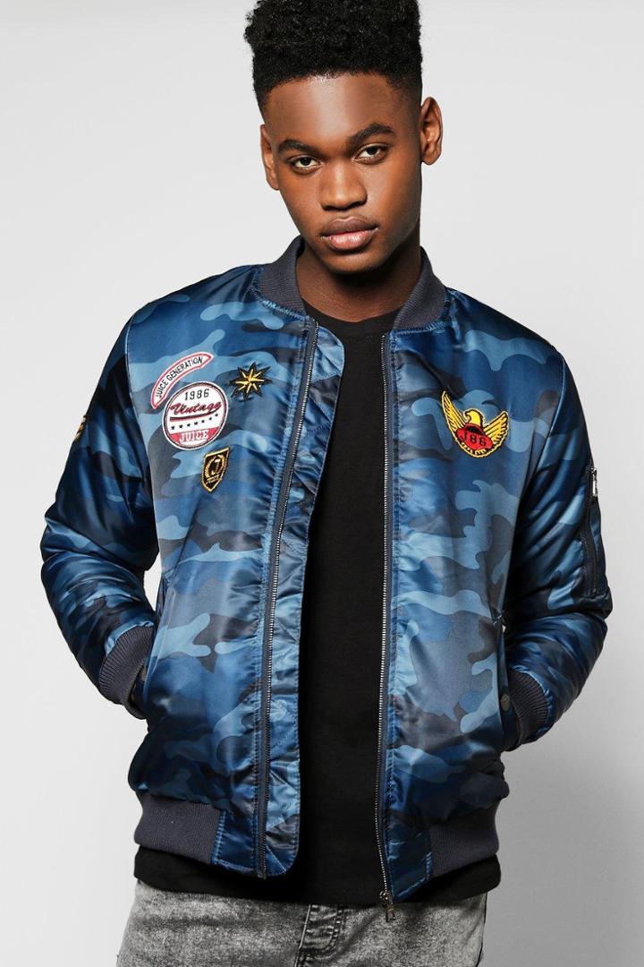 Boohoo Camo Badged Ma1 Bomber Blue