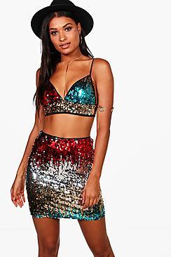 Boohoo Boutique Ali Multi Sequin Crop & Skirt Co-ord