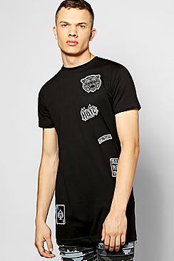 Boohoo Longline Zip T Shirt With Badges