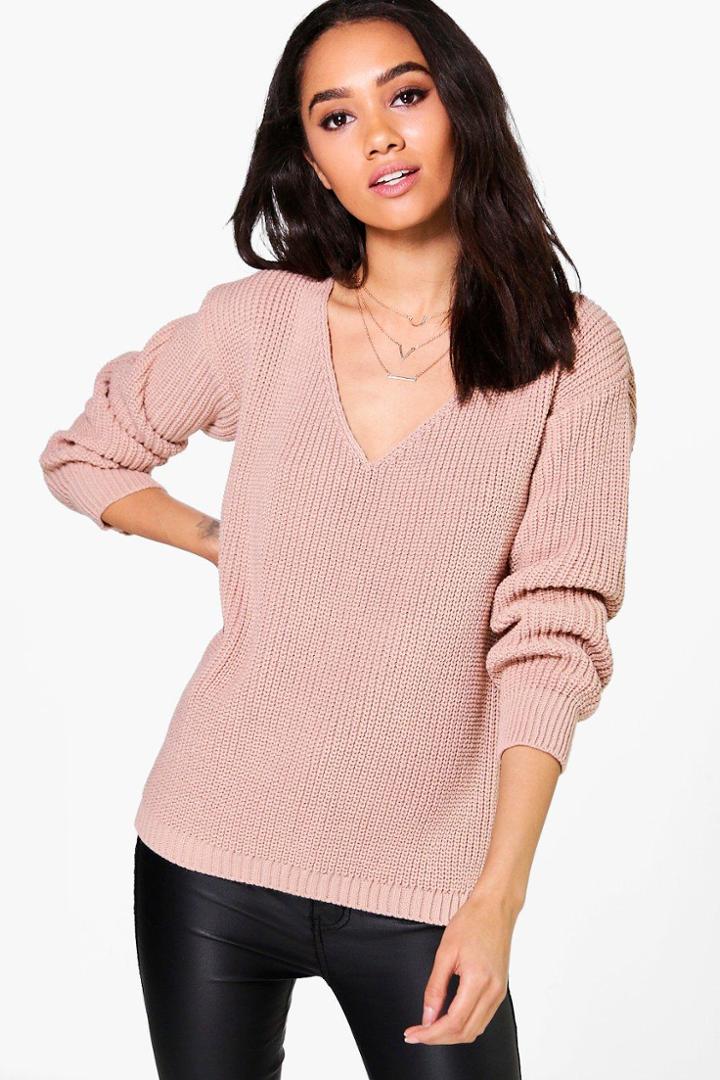 Boohoo Petite Shauna Oversized V Neck Jumper Nude