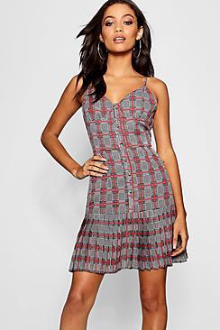 Boohoo Pleated Hem Button Through Check Shift Dress