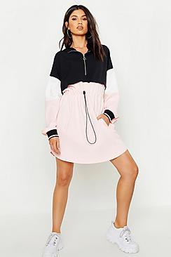 Boohoo Colour Block Woven Zip Draw Cord Hood Dress