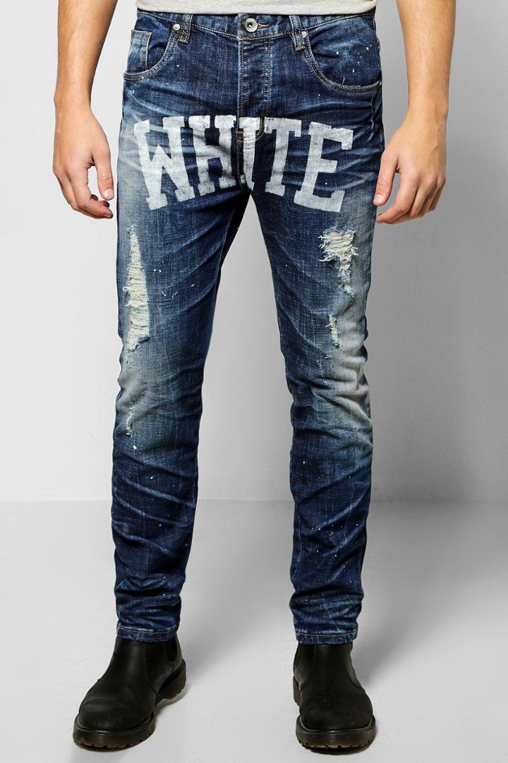 Boohoo White Skinny Slogan Jeans Blue