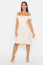 Boohoo Off The Shoulder V Bar Ruffle Hem Midi Dress