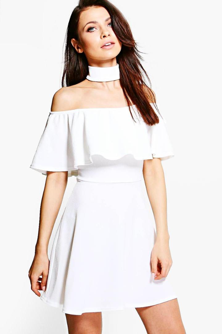 Boohoo Saskia Choker Off Shoulder Skater Dress Ivory