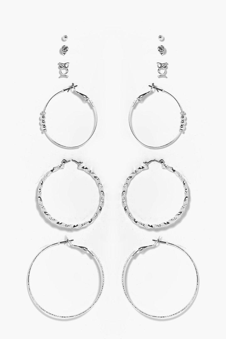 Boohoo Alexis Mixed Hoop & Stud Earring Set Silver
