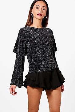 Boohoo Petite Poppy Frill Sleeve Shimmer Top