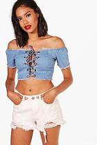 Boohoo Sally Lace Up Bardot Denim Crop Top