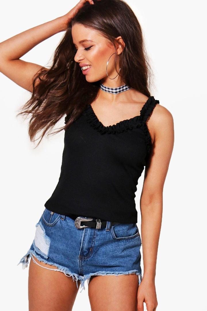 Boohoo Olivia Ruffle Ribbed Tank Top Black