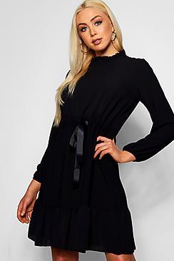 Boohoo Olivia Ribbon Tie Ruffle Detail Dress
