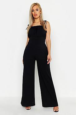 Boohoo Plus Ruched Bust Tie Shoulder Culotte Jumpsuit