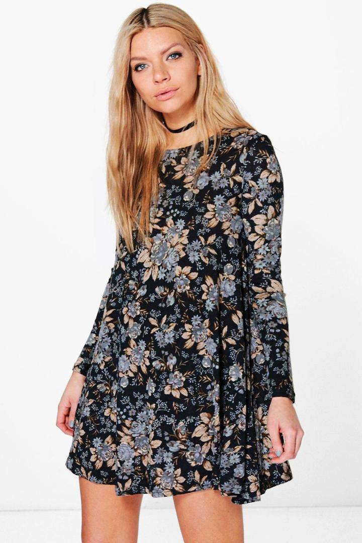 Boohoo Joan Floral Brushed Knit Swing Dress Black