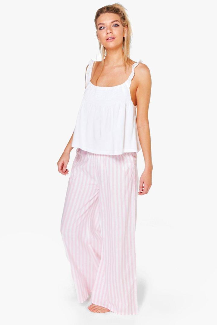 Boohoo Lola Ruffle Tank Top + Stripe Trouser Night Set Pink