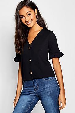 Boohoo Horn Button Frill Sleeve Top