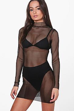 Boohoo Rebecca High Neck Fish Net Bodycon Dress