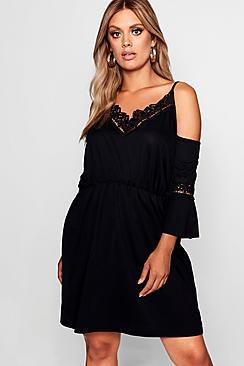 Boohoo Plus Open Shoulder Crochet Dress