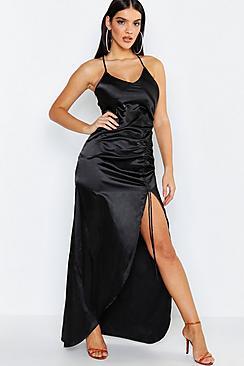 Boohoo Satin Strappy Ruched Maxi Dress