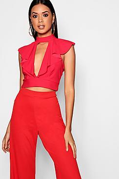 Boohoo Ruffle Plunge High Neck Crop